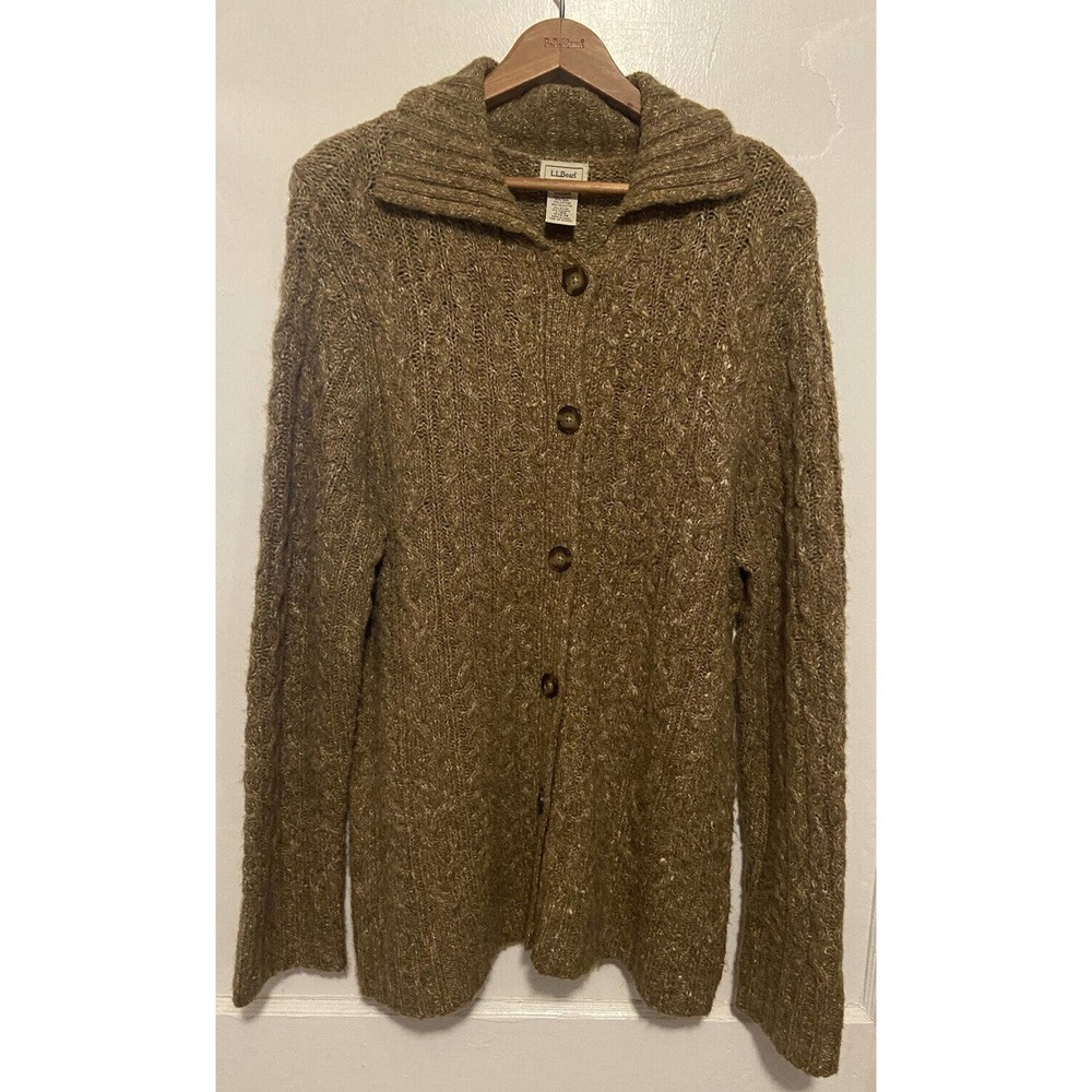 LL Bean Wool Blend Cable Knit Cardigan Sweater Size large W/wood Hanger